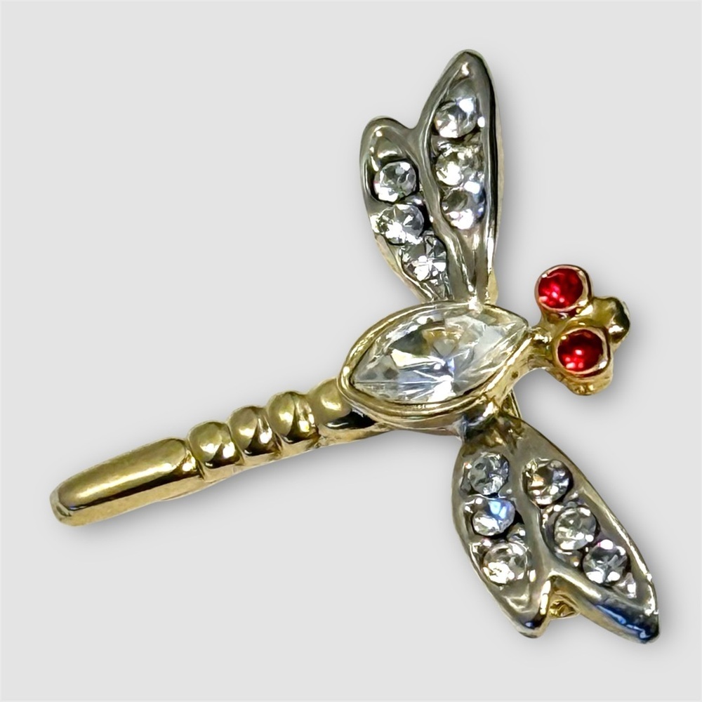 Vintage Rhinestone Dragonfly Brooch Pin Gold Tone Red Eyes Crystal Wings - Picture 3 of 6